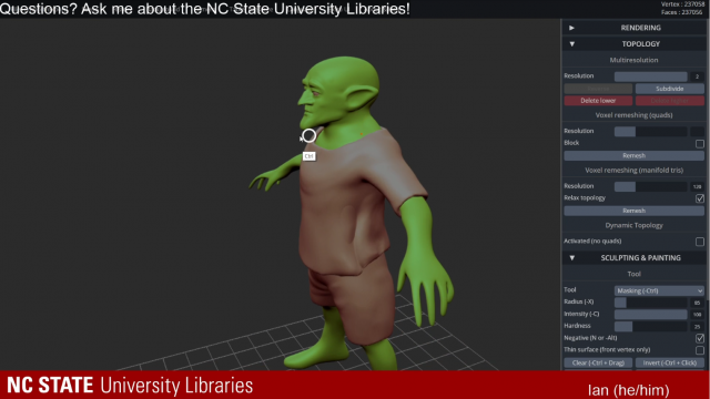 A green goblin character being 3D modeled in SculptGL