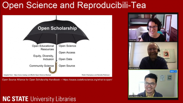 A visualization of open scholarship topics as an umbrella with three people to the right smiling as they talk about open science.