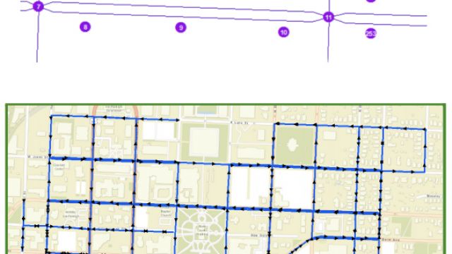 Example of parallel one-way streets and map of one of the final route solutions.