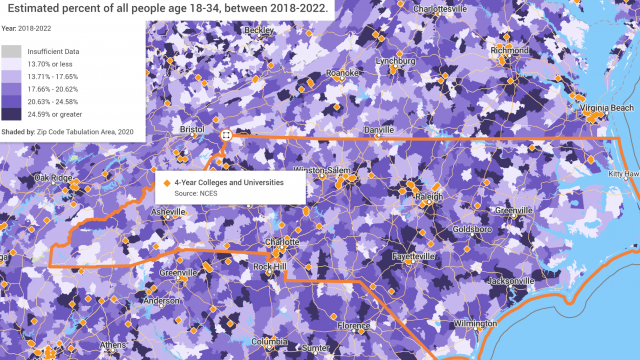 A Map of North Carolina depicting the population densities of the Estimated percent of all people aged 18-34, between 2018-2022 with markers depicting the location of 4 year colleges and universities