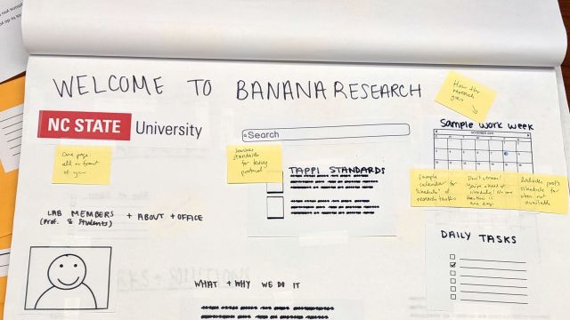 Sketchy prototype of a web page on a piece of paper. The title is Banana Research, and the page includes a search box, introductory text, and a happy face