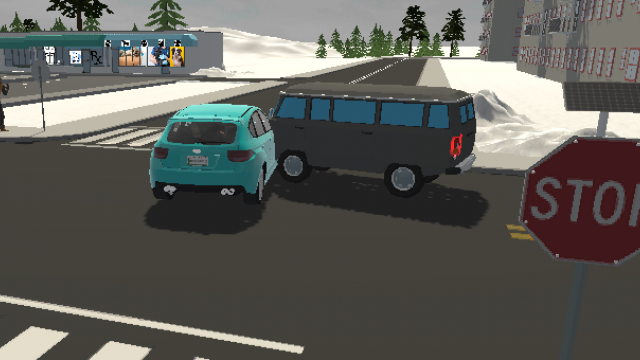 a still image of a virtual reality scenario of two cars colliding on an intersection