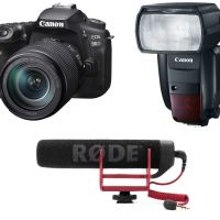 DSLR camera, flash unit, and shotgun microphone.