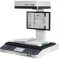 Overhead book scanner with display screen.