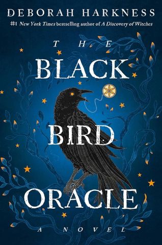 Book cover with the words Black Bird Oracle A Novel in white letters on a blue starry background and a black bird.