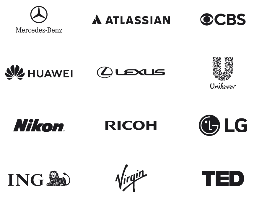 Mercedes-Benz, Atlassian, CBS, Huawei, Unilever, Lexus, Nikon, Ricoh, LG, ING, Virgin, TED