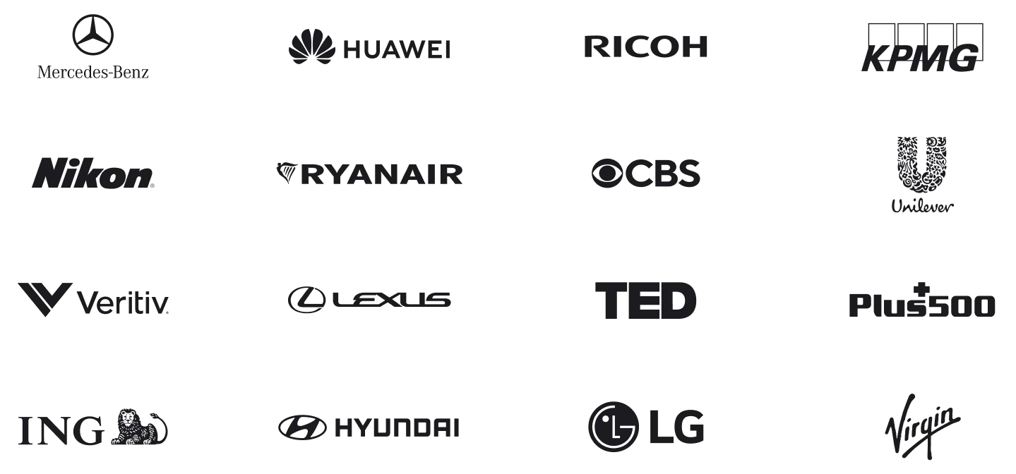 Mercedes-Benz, Huawei, Ricoh, KPMG, Nikon, Ryanair, CBS, Unilever, Vertiv, Lexus, TED, Plus500, ING, Hyundai, LG, Virgin