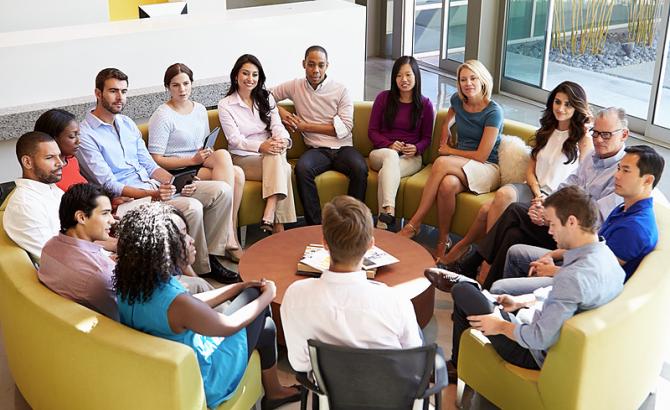 Group of advisors meeting in common area