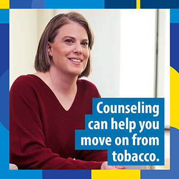 A Veteran sitting in their living room with a journal and a mug, with text that reads, “Counseling can help you move on from tobacco.”