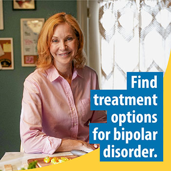 A Veteran chopping vegetables at a kitchen counter with text that reads, “Find treatment options for bipolar disorder.”