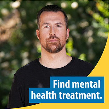 A Veteran standing outside with text that says, “Find mental health treatment.” 