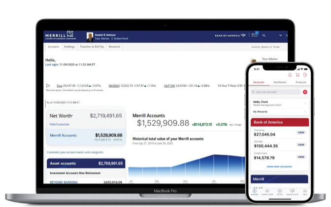 Laptop and mobile views with Bank of America and Merrill accounts all together