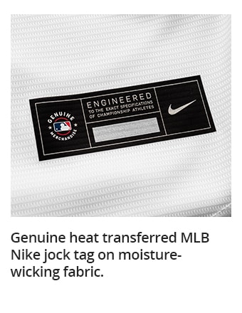 Genuine heat transferred MLB Nike jock tag on moisture-wicking fabric.