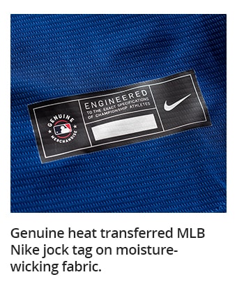 Genuine heat transferred MLB Nike jock tag on moisture-wicking fabric.