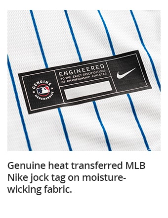 Genuine heat transferred MLB Nike jock tag on moisture-wicking fabric.