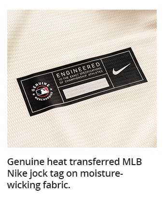 Genuine heat transferred MLB Nike jock tag on moisture-wicking fabric.