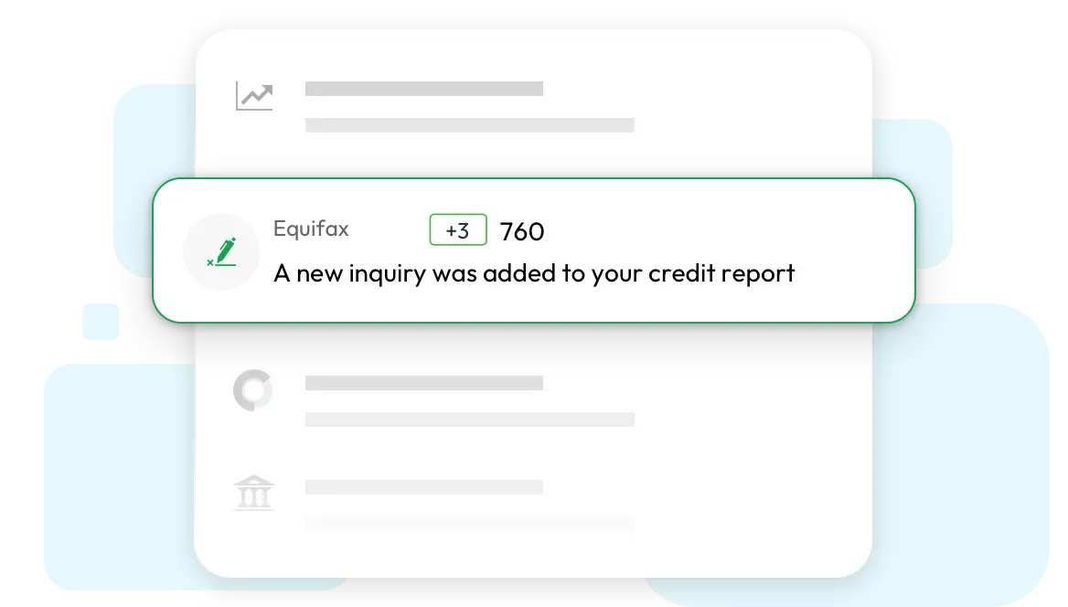 Illustration of an example credit monitoring alert (a new inquiry was added to your credit report) with a FICO Score change (up by 3 points to 760).