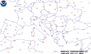 Temperatures across Europe on July 17, 2003 at 1200 UTC