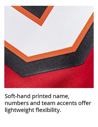 Soft-hand printed name, numbers and team accents offer lightweight flexibility.