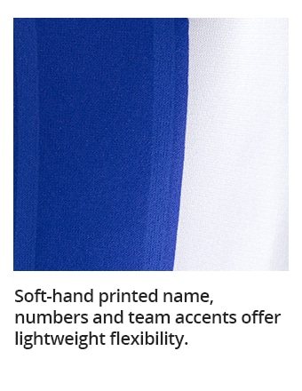 Soft-hand printed name, numbers and team accents offer lightweight flexibility.