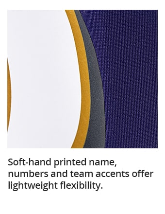 Soft-hand printed name, numbers and team accents offer lightweight flexibility.