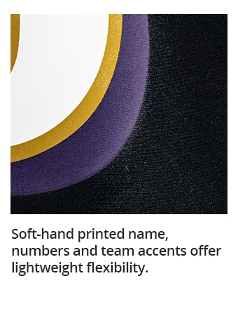 Soft-hand printed name, numbers and team accents offer lightweight flexibility.