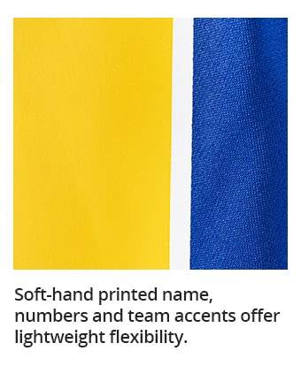 Soft-hand printed name, numbers and team accents offer lightweight flexibility.