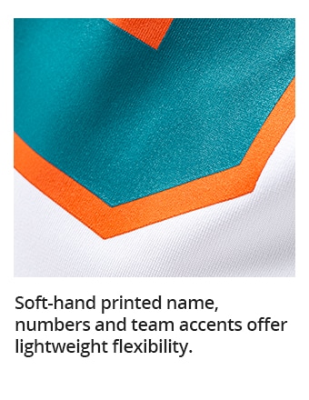 Soft-hand printed name, numbers and team accents offer lightweight flexibility.