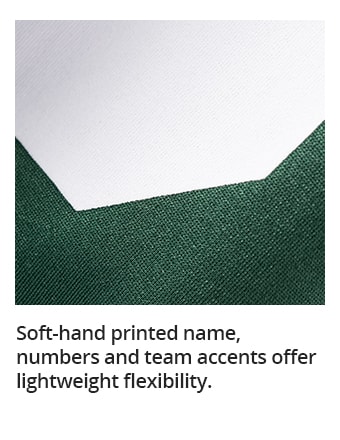 Soft-hand printed name, numbers and team accents offer lightweight flexibility.