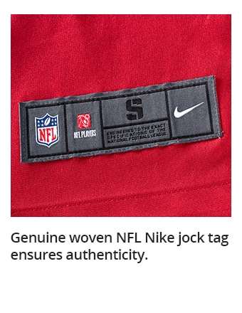 Genuine woven NFL Nike jock tag ensures authenticity.