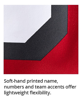 Soft-hand printed name, numbers and team accents offer lightweight flexibility.