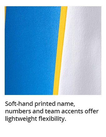 Soft-hand printed name, numbers and team accents offer lightweight flexibility.