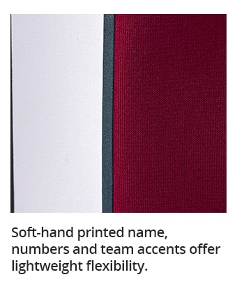 Soft-hand printed name, numbers and team accents offer lightweight flexibility.