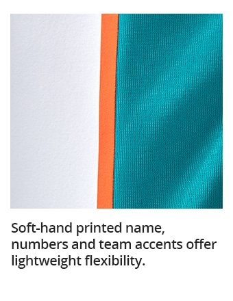 Soft-hand printed name, numbers and team accents offer lightweight flexibility.