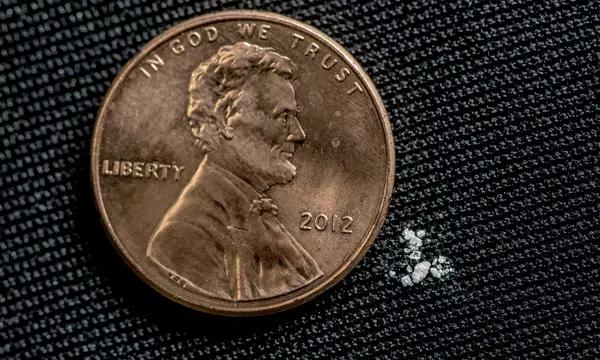 Black background. Photo of a penny. Next to the penny is a tiny amount of a white powder.