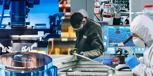 Collage of photos shows factory worker, medical equipment, person using microscope.