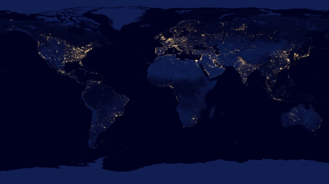 Composite map of the world assembled from data acquired by the NOAA Suomi NPP satellite in April and October 2012.