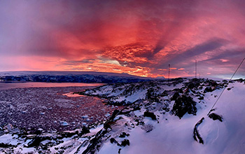 Sunrise over Arthur's Harbor on the southwest coast of Anvers Island in the Palmer Archipelago of Antarctica