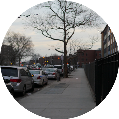 sidewalk in front of school at sunset with parked cars