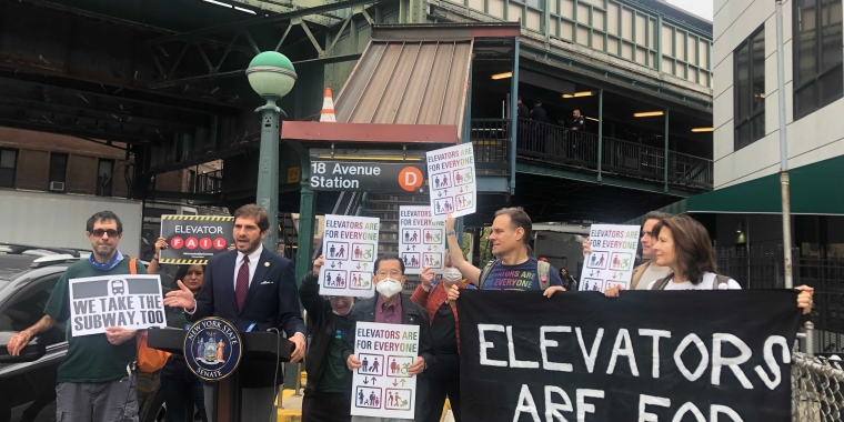 Senator Andrew Gounardes joins advocates to rally for elevators at subway stations.