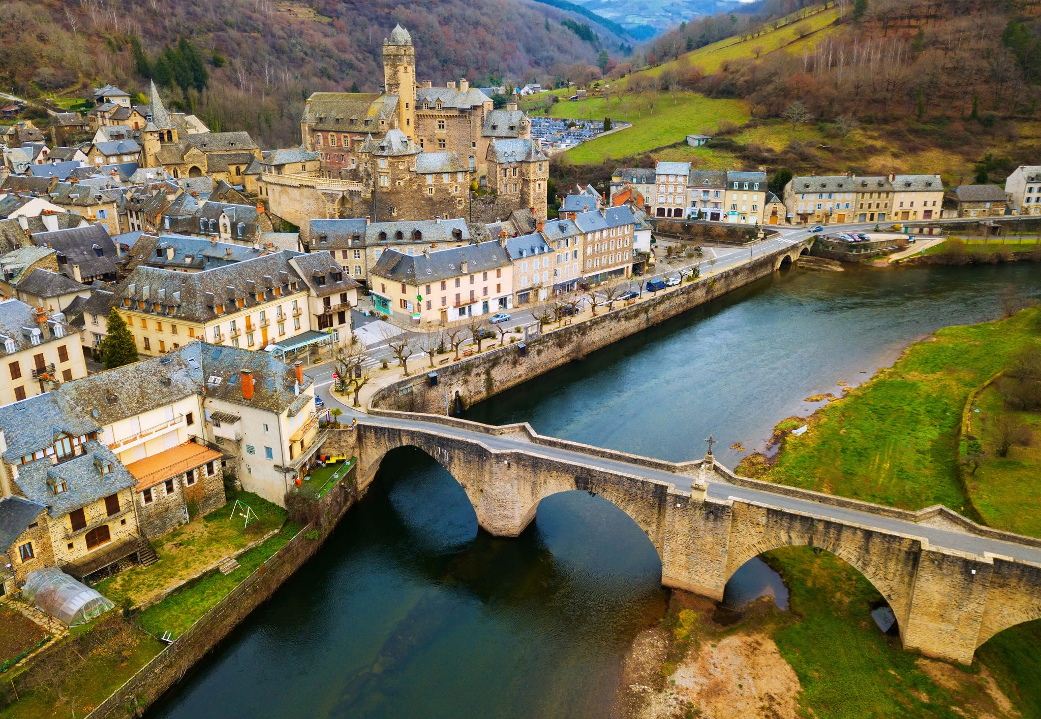 View of castle and medieval town of Estaing, France