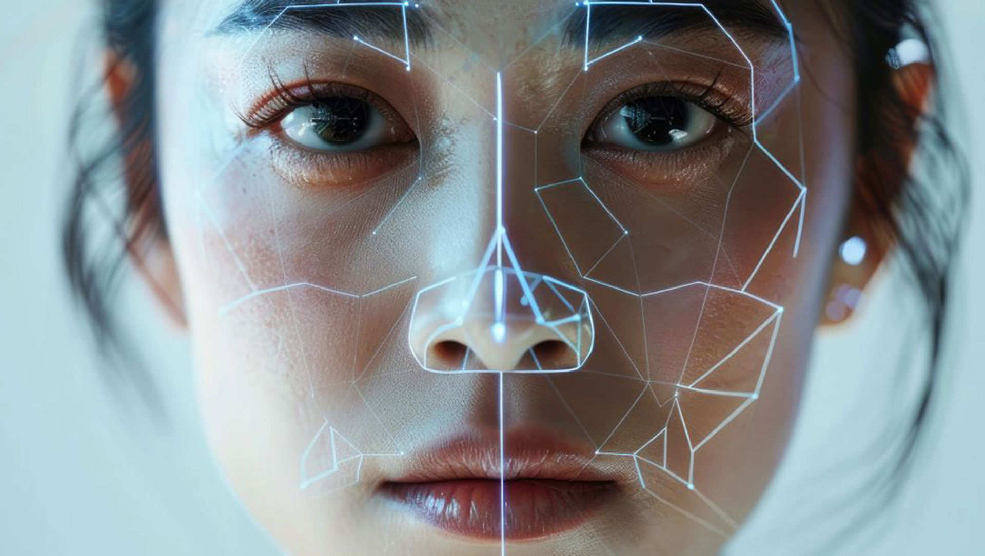 Close up of womans face with highlighted data points for deepfake technology.