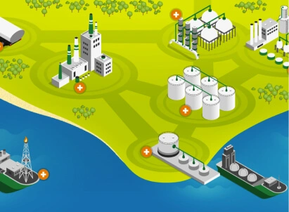 Infográfico com ilustrações de algumas operações da Petrobras, como refinarias e terminais logísticos.