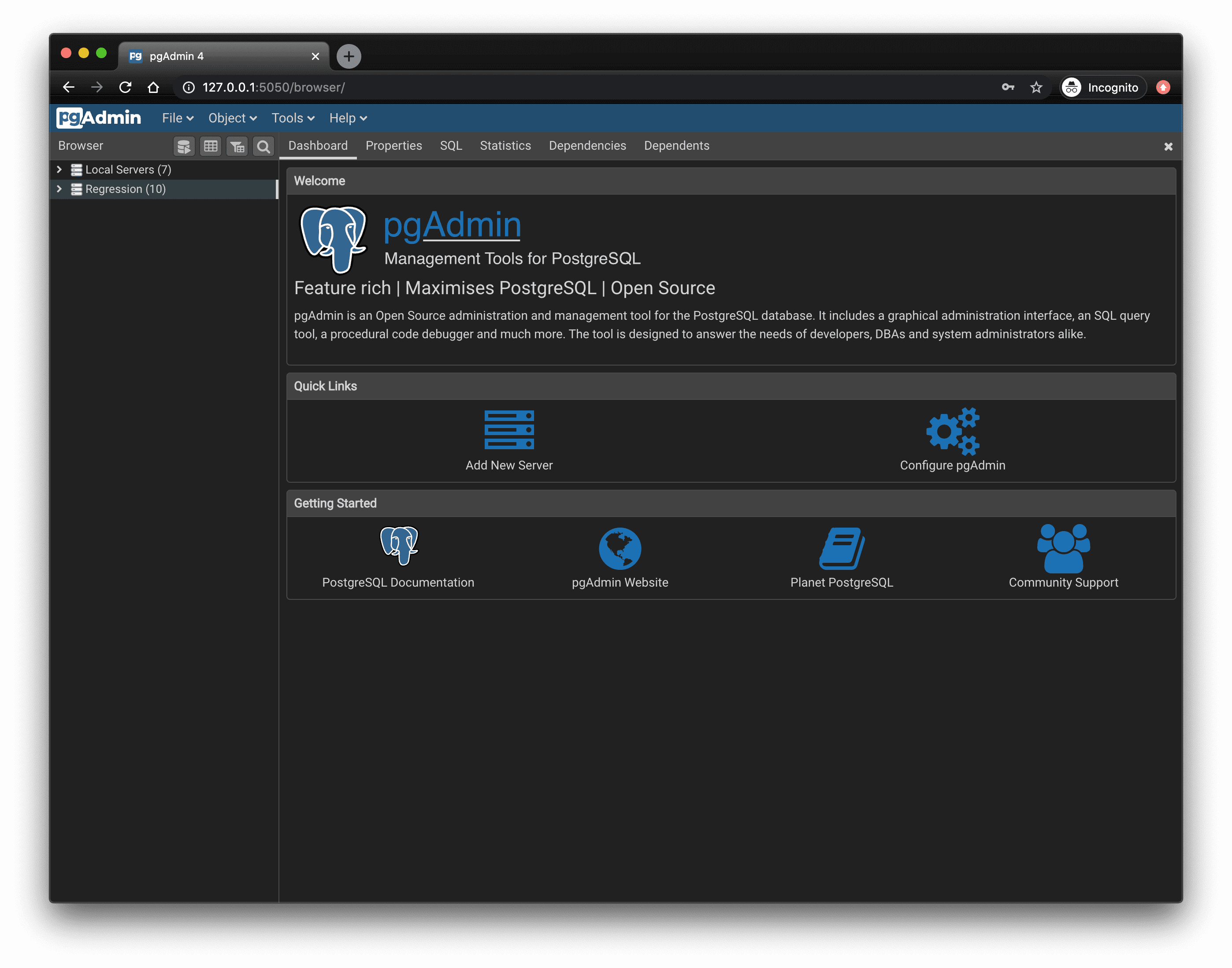 Welcome screen, dark theme