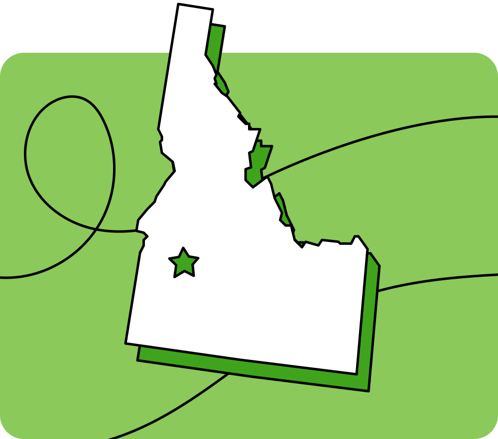 Outline of Idaho with a star marking its capital city, set against a green background with curved lines.