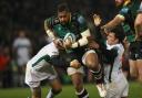 Northampton Saints Taqele Naiyaravoro is tackled by London Irish Stephen Myler and Nick Phipps during the Gallagher Premiership match at Franklin's Gardens, Northampton. PA Photo. Picture date: Friday January 24, 2020. See PA story RUGBYU