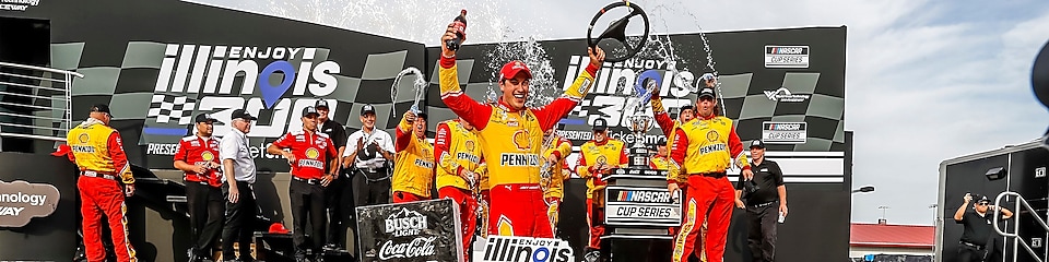 Team Penske NASCAR Driver and 2018 NASCAR Champion, Joey Logano, emerges from the No. 22 Shell-Pennzoil Ford Mustang after a victory