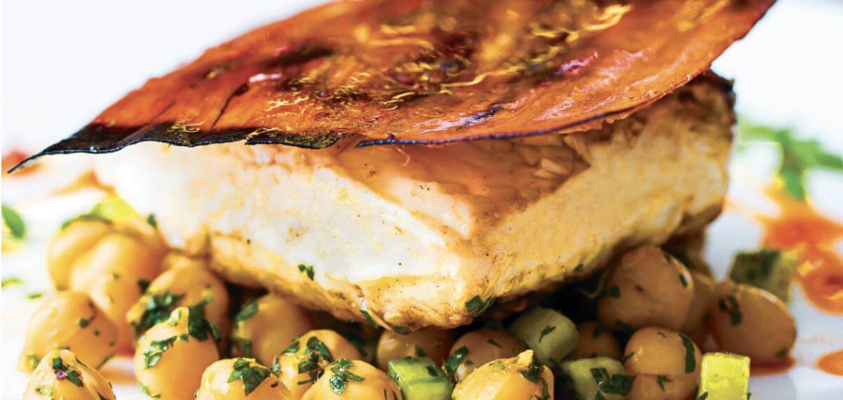 Wood Skin Halibut and Chickpea Salad