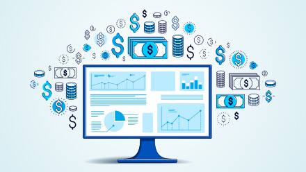 Graphic treatment of a computer with graphcs and charts on it surrounding by dollar signs, coins and dollar bills