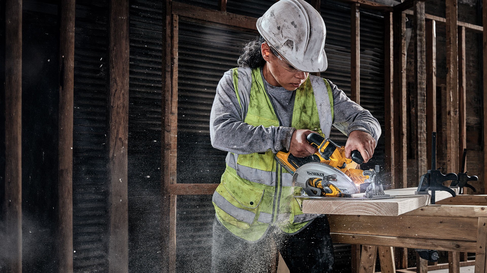 Woman using a DEWALT circular saw